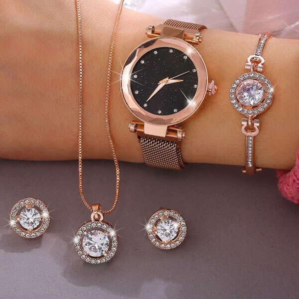 KIT Relógio, Bracelete, Colar e Brincos)Conjunto de Acessórios Glamour